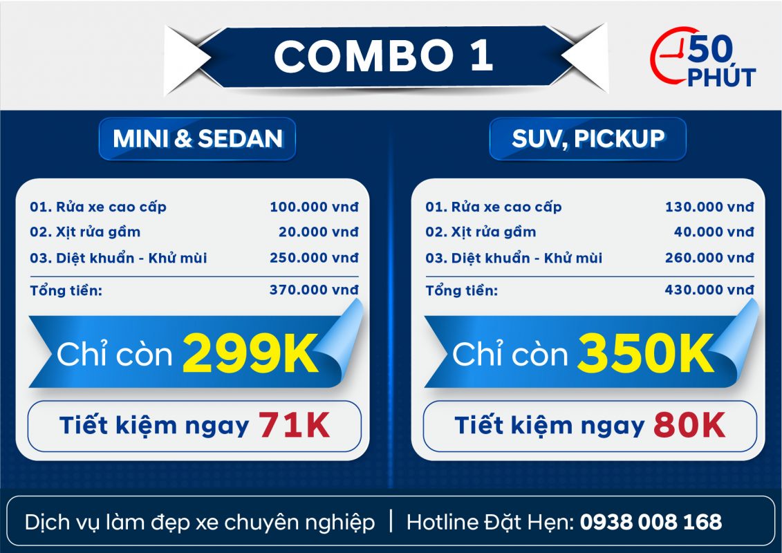 Combo 1: 1. Rửa xe cao cấp 2. Xịt rửa gầm 3. Diệt khuẩn -khử mùi 4. Vệ sinh hầm máy