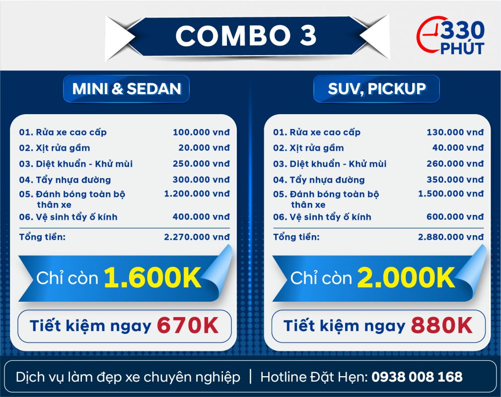 Combo 3 1. Rửa xe cao cấp 2. Xịt rửa gầm 3. Diệt khuẩn -khử mùi 4. Tẩy nhựa đường 5. Đánh bóng toàn bộ thân xe 6. Vệ sinh tẩy ố kính