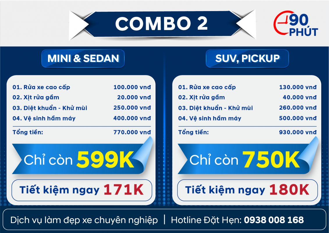 Combo 2: 1. Rửa xe cao cấp 2. Xịt rửa gầm 3. Diệt khuẩn -khử mùi 4. Vệ sinh hầm máy